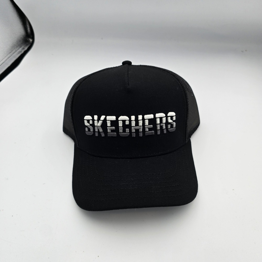 Skechers Mens Black Trucker Hat Embroidered Logo Snapback Mesh Baseball Cap OSFM